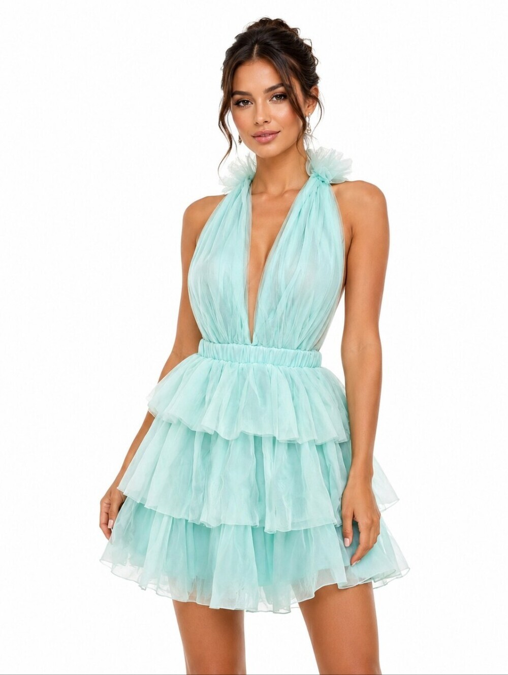 MABLE Mint Green Tiered Tulle Halter Open Back Mini Dress Sz Small